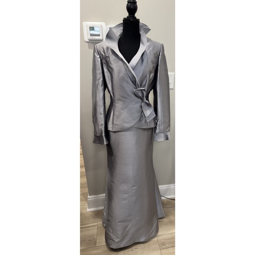 Frascara Evening Gown Suit Mother Bride Silver Silk Wool Vintage Sz 10